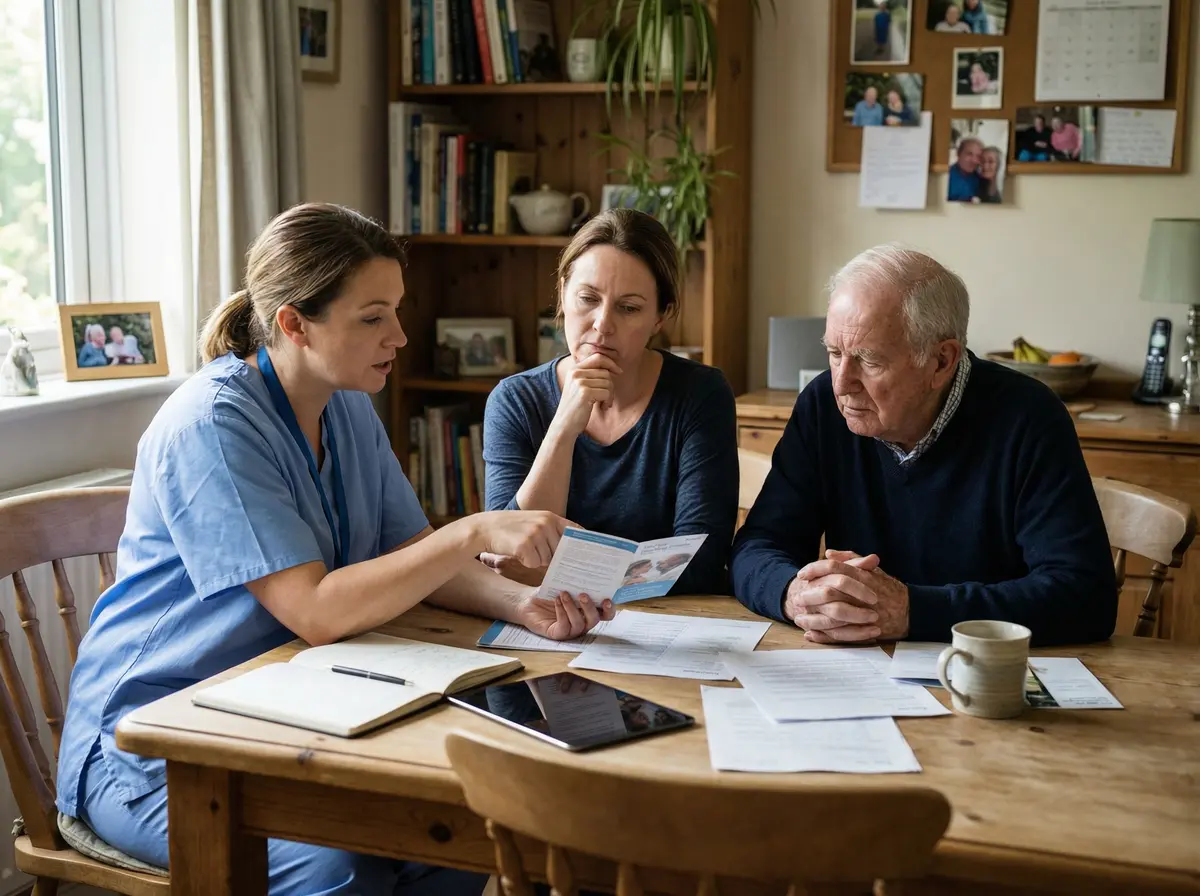 Family comparing options between home care and retirement home