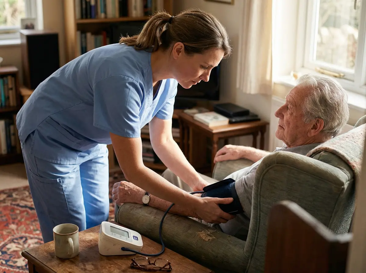 Nursing aide taking a patient's blood pressure at home