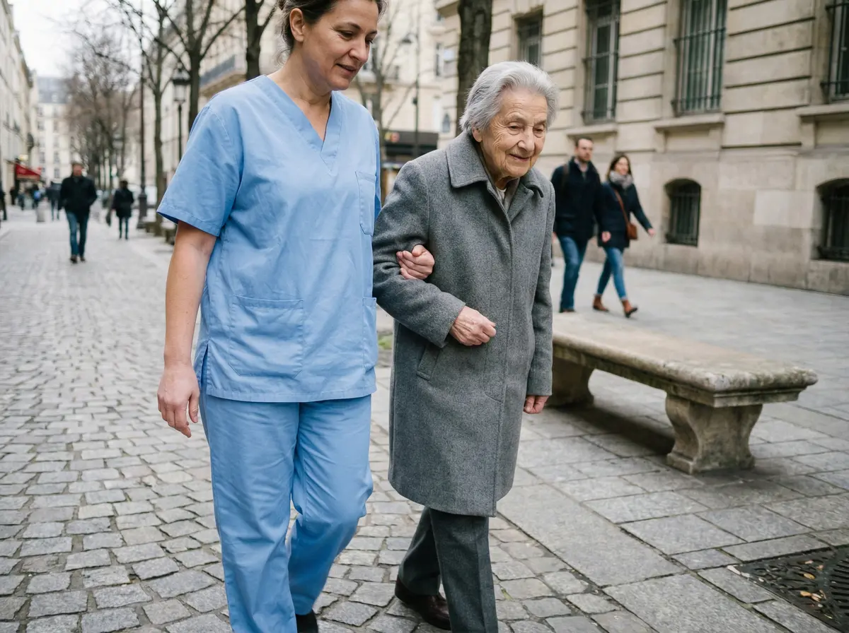 Senior enjoying a walk in the city with their caregiver