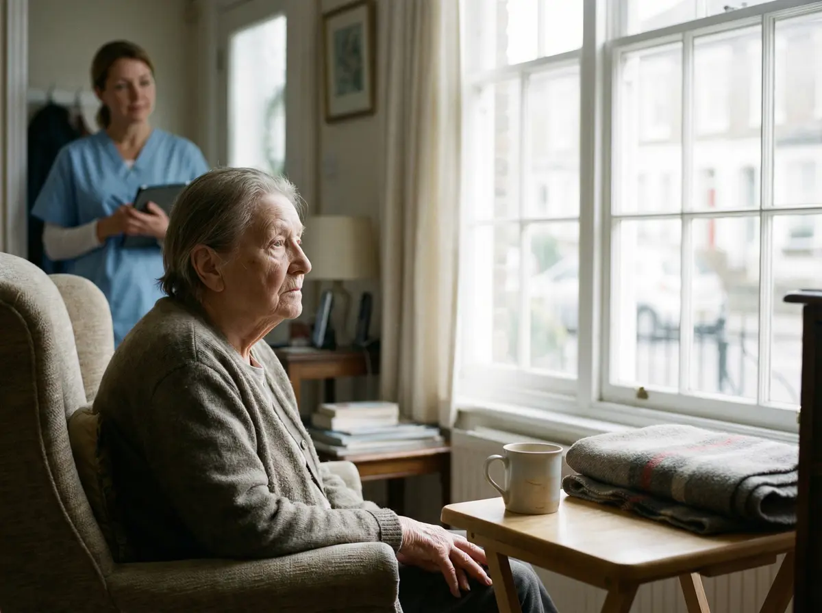Elderly person alone looking out the window