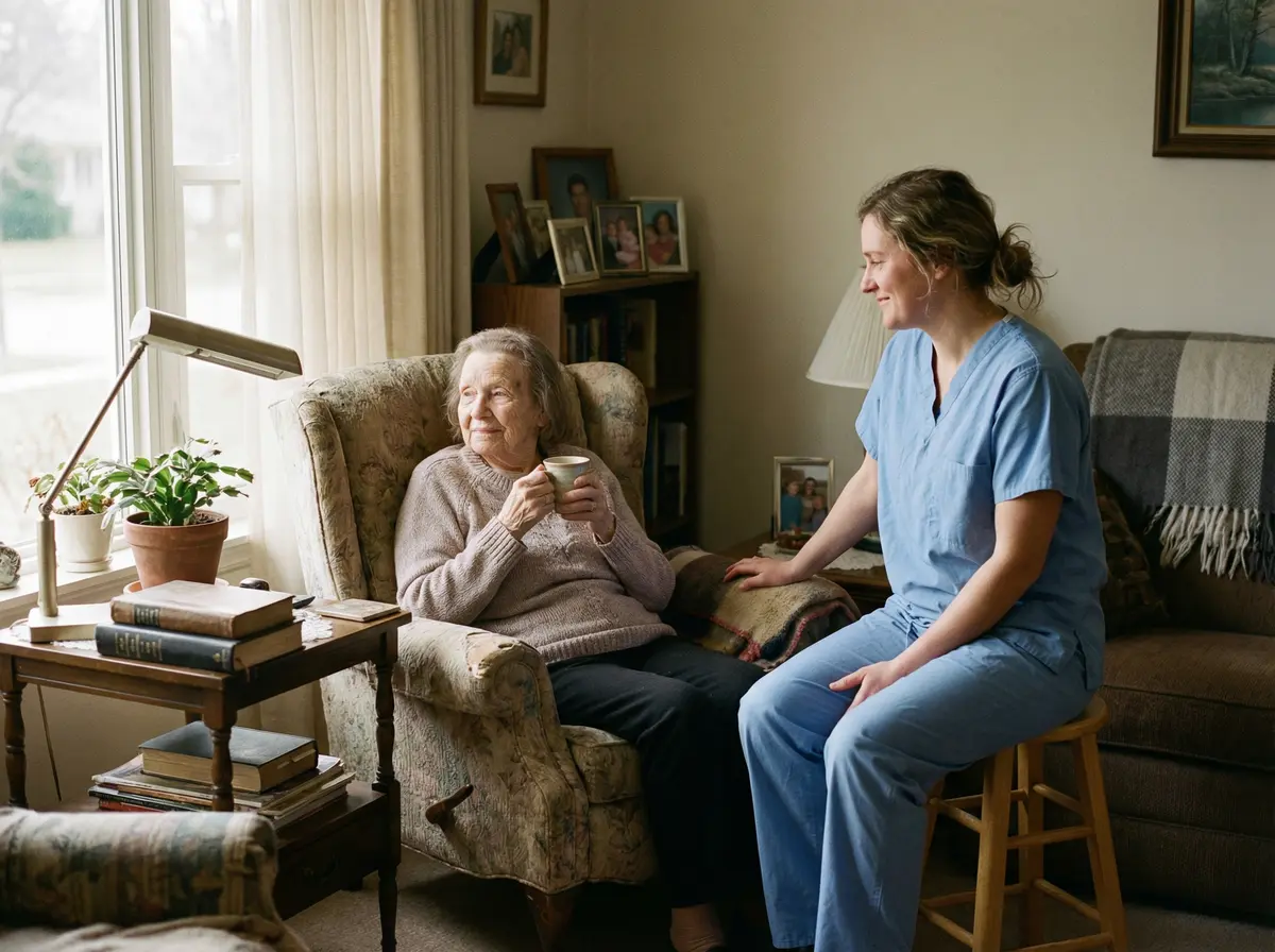 Elderly person enjoying the comfort of home with a caregiver