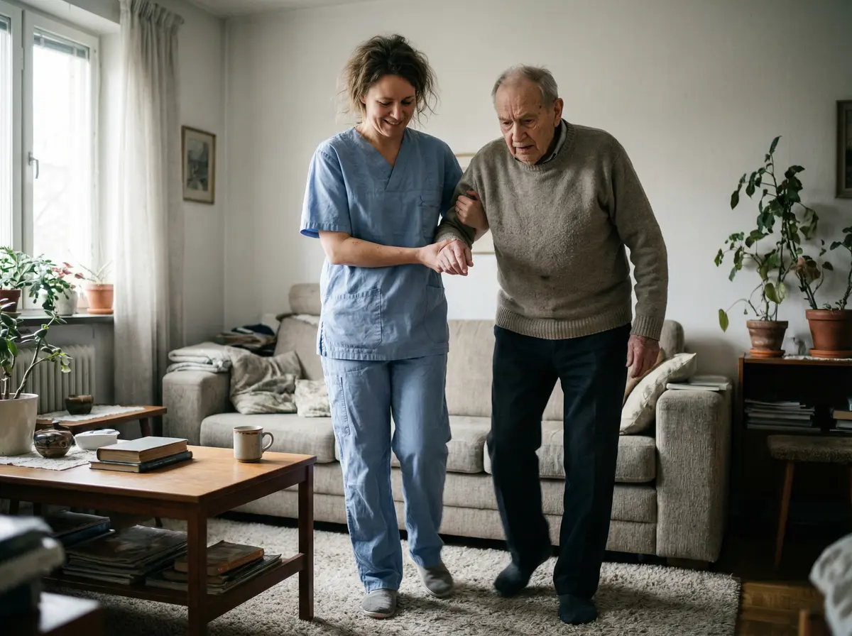 Nursing aide assisting a Parkinson's patient with mobility