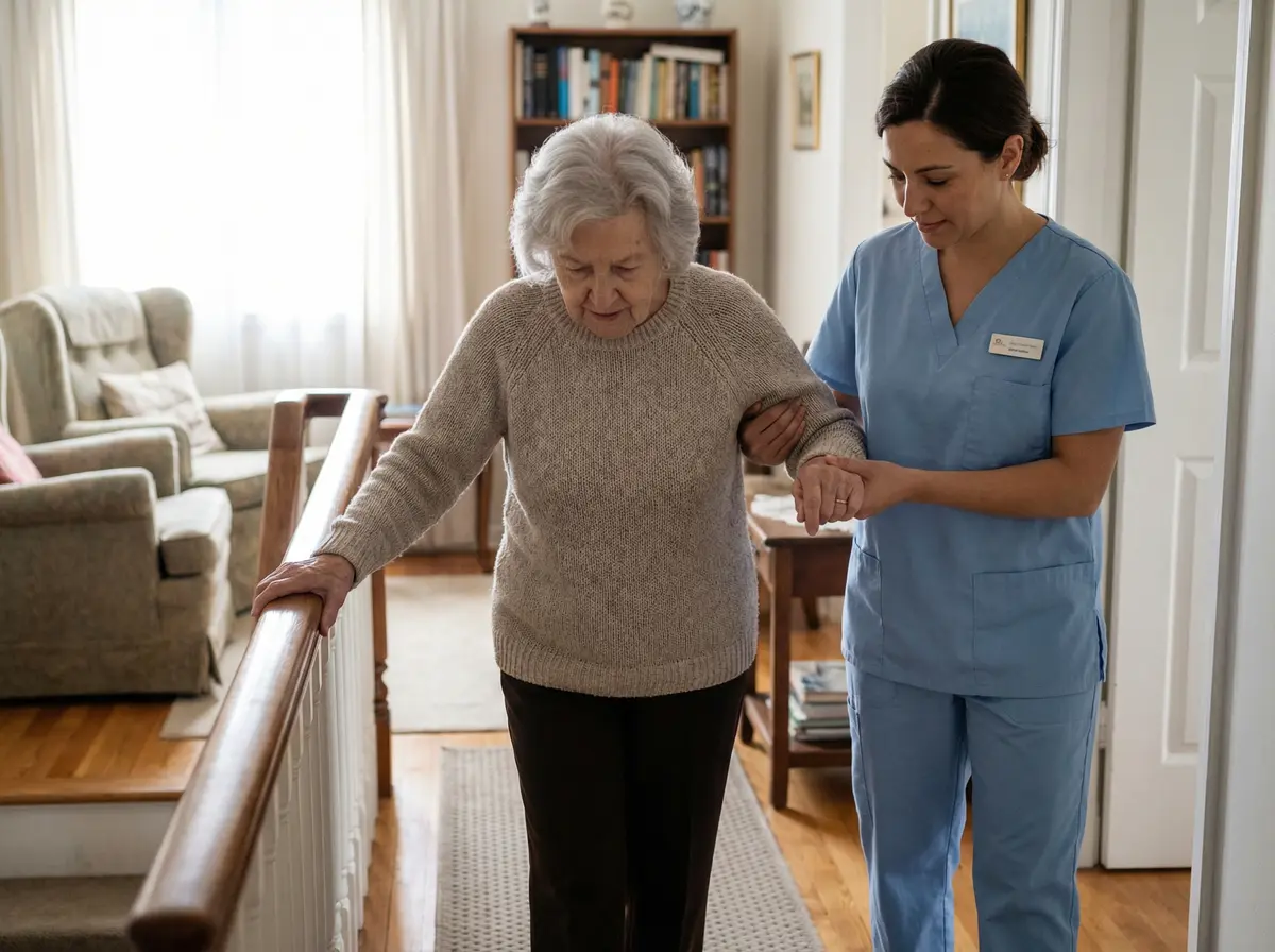 Caregiver helping a senior walk safely