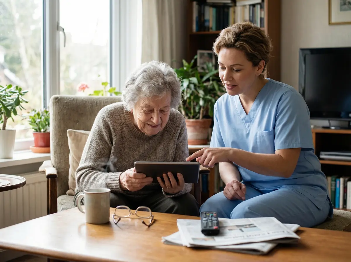 Senior using a tablet with the help of a caregiver